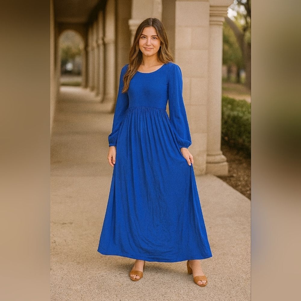Dress S Blue 3/4 Sleeve Scoop Neck Pullover Empire Waist Rayon Unlined